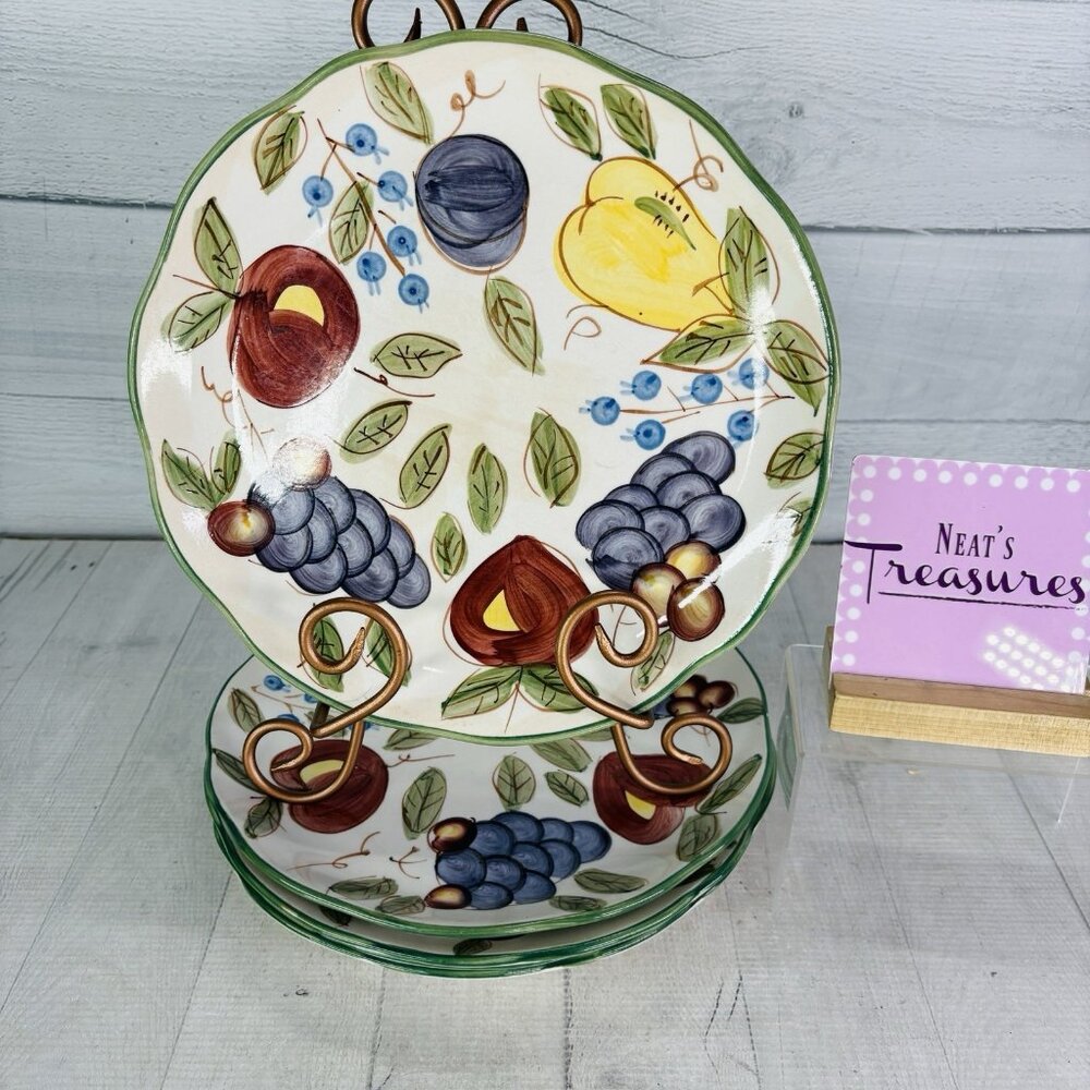 Vintage Emerald FRUIT Hand Painted Scalloped Ceramic 10.5" Dinner Plates Set 5